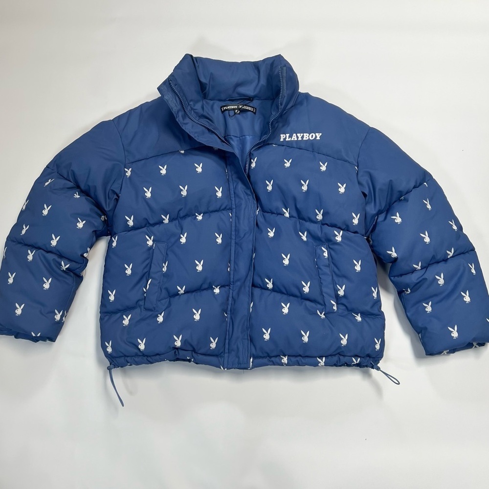 Playboy x Missguided Blue Logo Puffer Jacket Y2K Streetwear Size 8 Cropped Coat